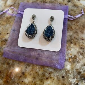 Sophisticated Sparkly Blue Druzy and Silver Teardrop Earrings